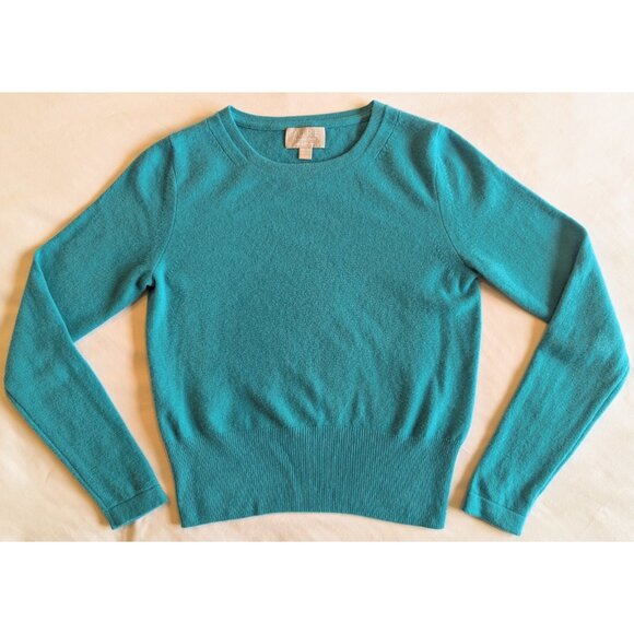 Pure Collection 100% Cashmere Teal Pullover Crewneck Cropped Sweater | 2 - Picture 2 of 4
